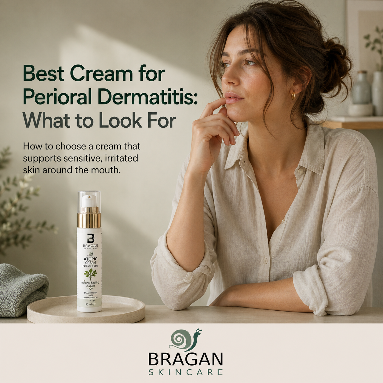 Woman touching the skin around her mouth beside Bragan Skincare Atopic Cream, illustrating cream care for perioral dermatitis.
