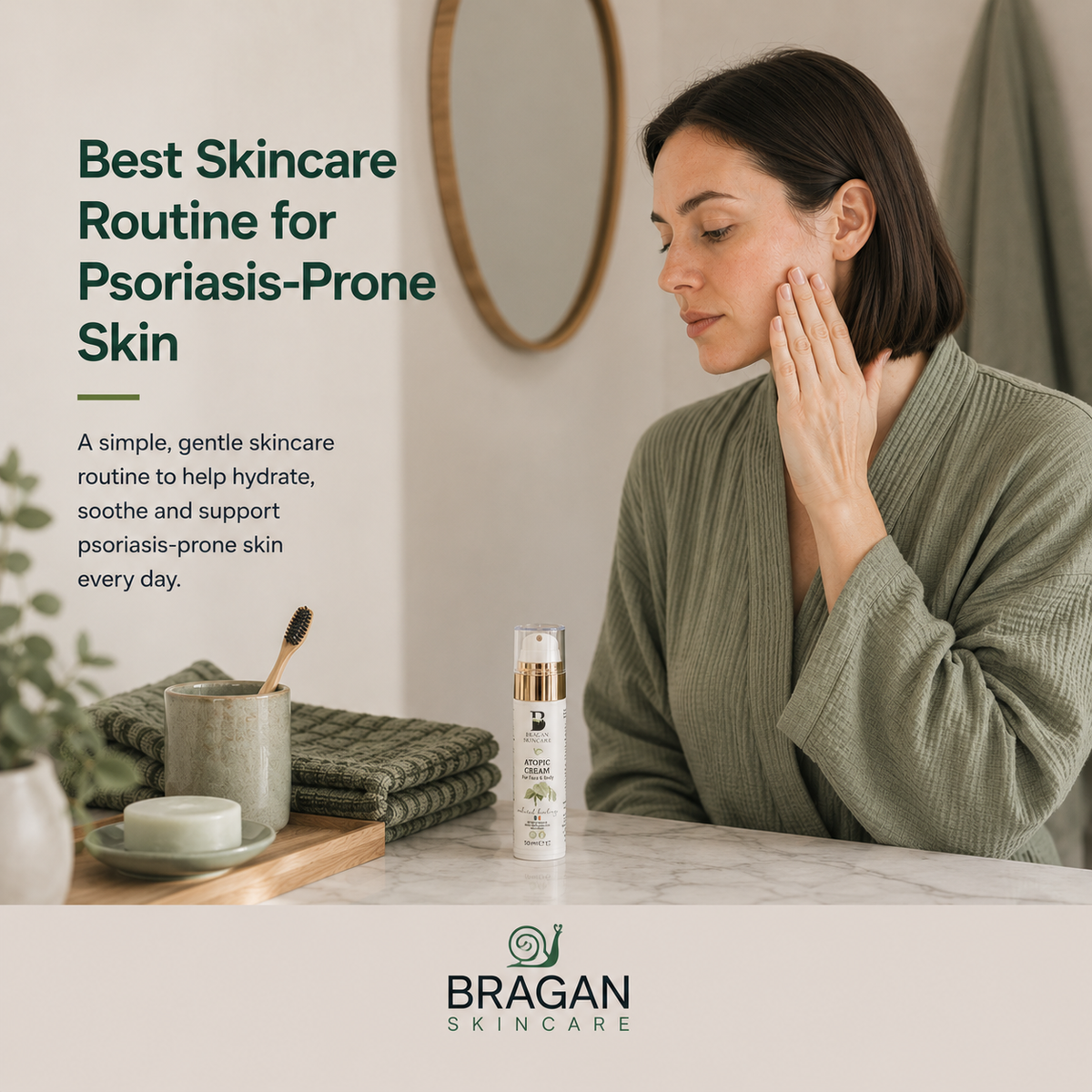 Woman following a gentle daily skincare routine with Bragan Atopic Cream, illustrating moisturising care for psoriasis-prone skin.