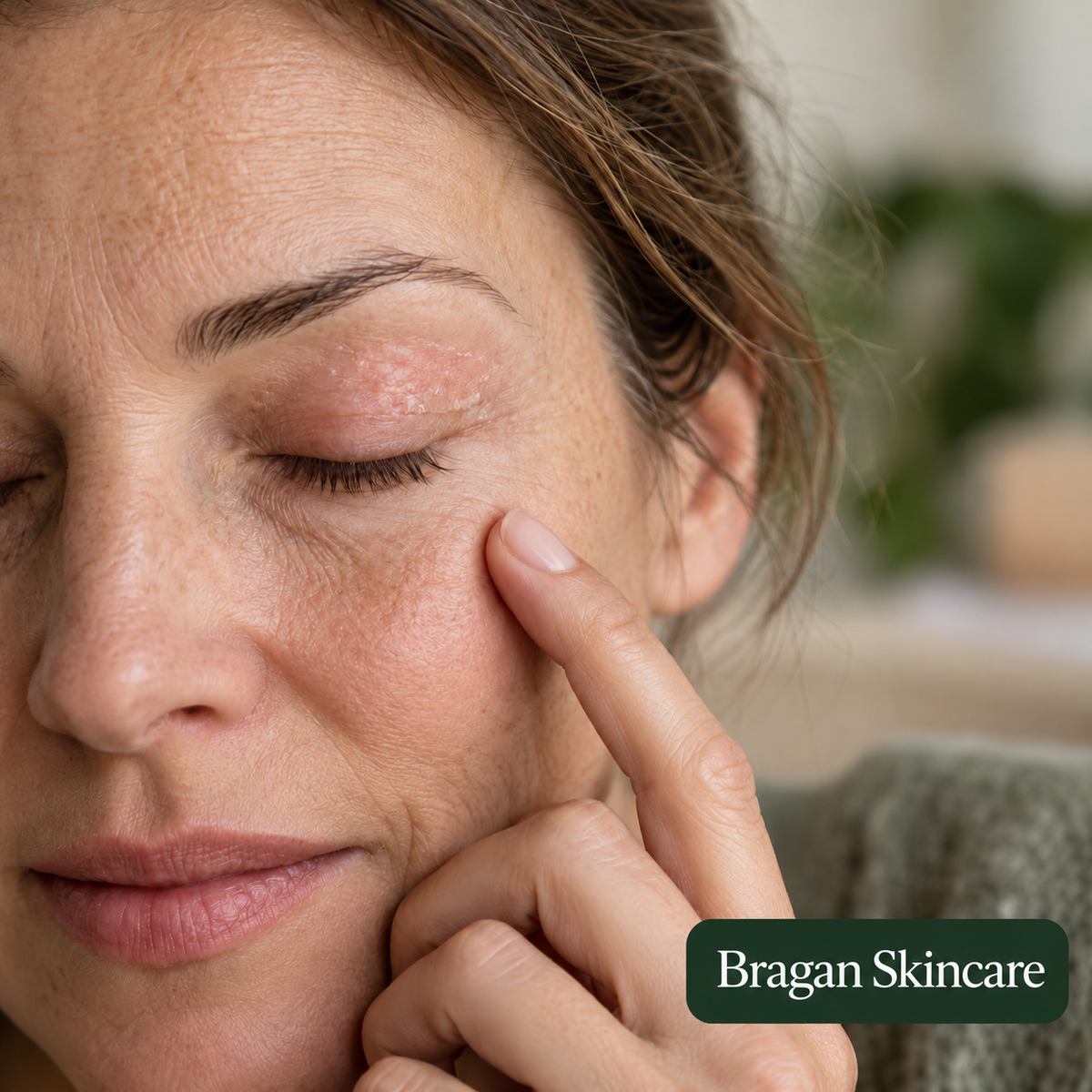Illustration of dry, flaky eyelid skin for Bragan Skincare’s eyelid eczema guide.