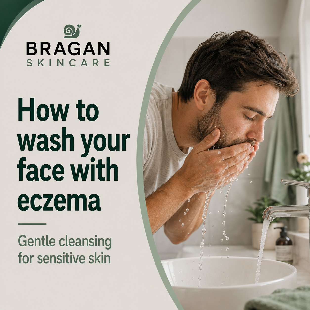 Man gently washing his face with lukewarm water as part of a skincare routine for facial eczema.