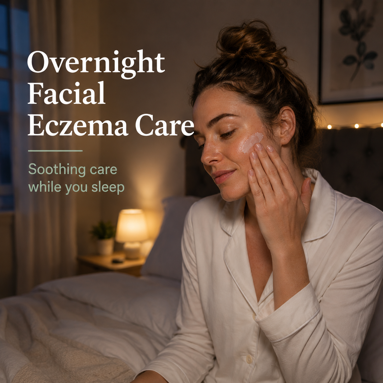 Woman applying moisturiser in a bedroom before bed as part of a gentle overnight facial eczema routine.