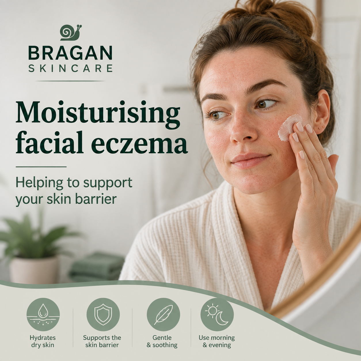 Woman gently applying moisturiser to facial eczema as part of a daily skincare routine for sensitive skin.