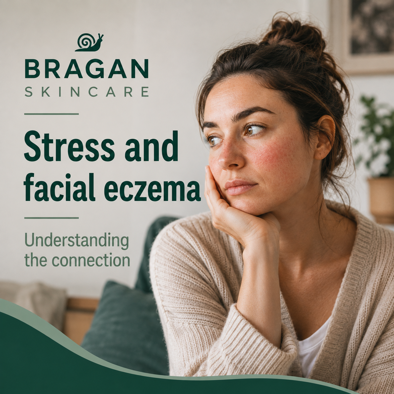 Woman gently touching her face during a quiet moment at home, illustrating the relationship between stress and facial eczema.