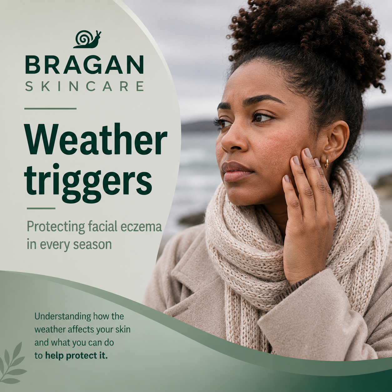 Woman outdoors on a cold, windy day with dry, slightly red facial skin, illustrating weather triggers for facial eczema.