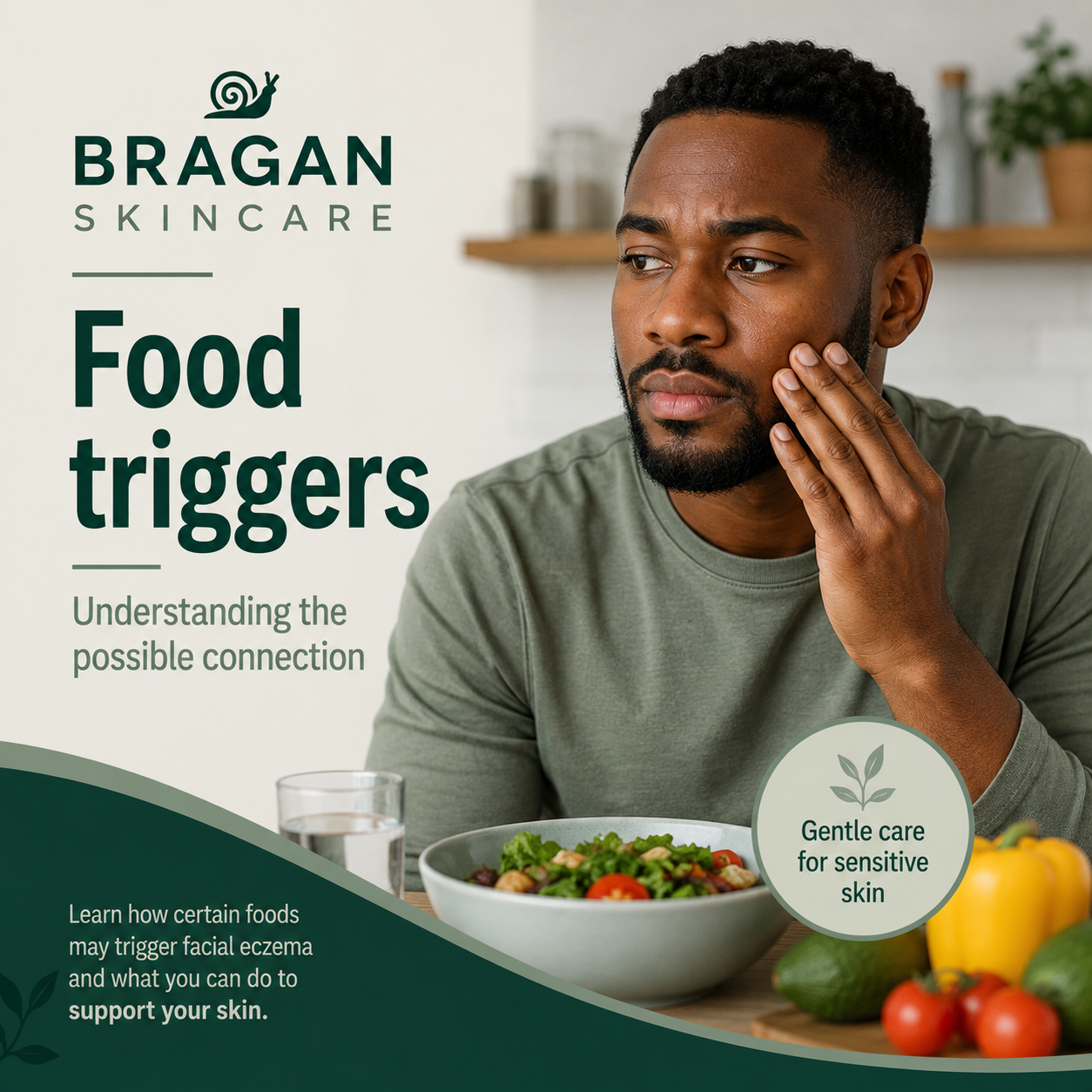 Man preparing fresh food in a kitchen while considering whether diet may affect his facial eczema.