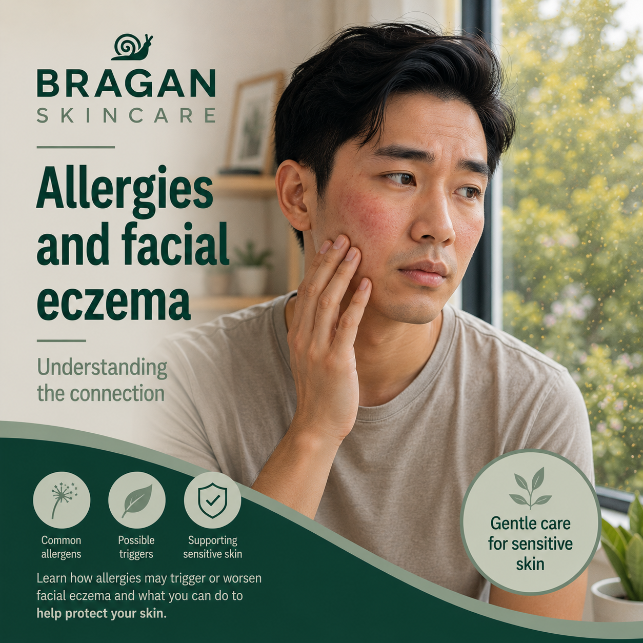 Man experiencing facial eczema symptoms during allergy season while sitting near an open window.