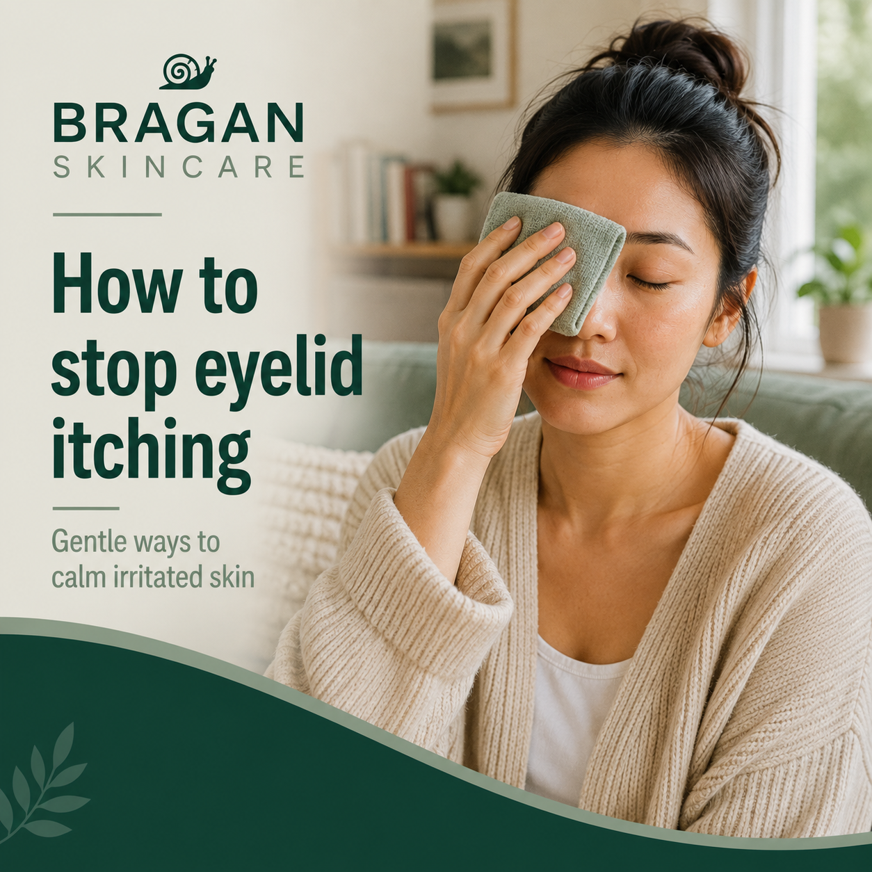  Woman using a cool compress on itchy eyelids to help soothe eyelid eczema symptoms.