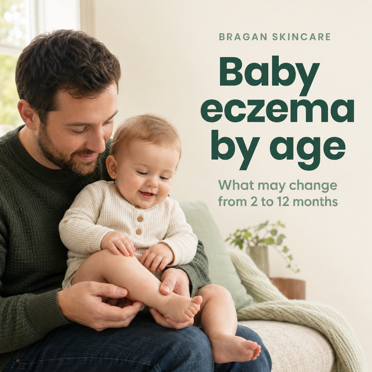 Father gently checking his baby’s dry skin for a guide to baby eczema from 2 to 12 months old.