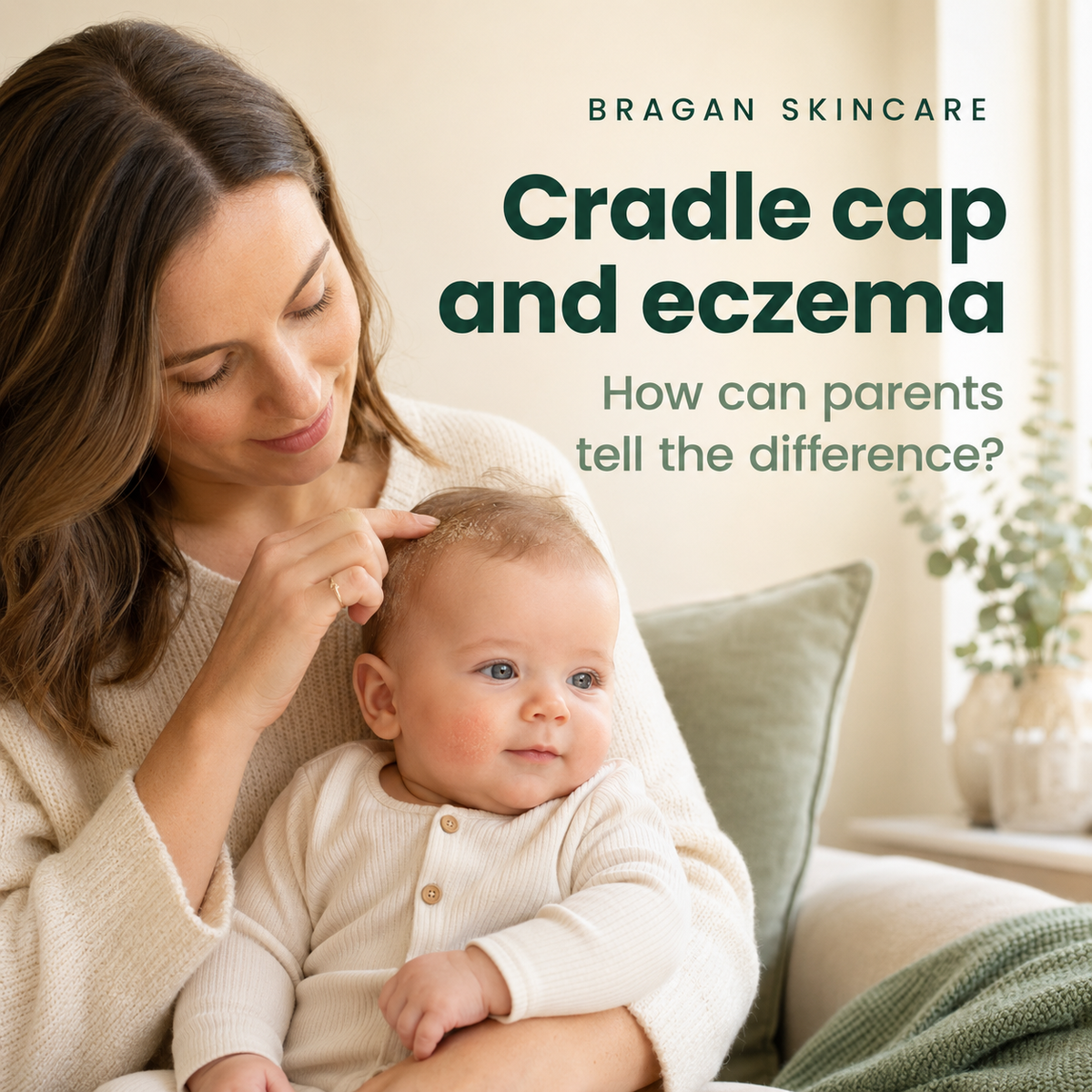 Mother gently examining her baby’s scalp and cheek while comparing the signs of cradle cap and baby eczema.