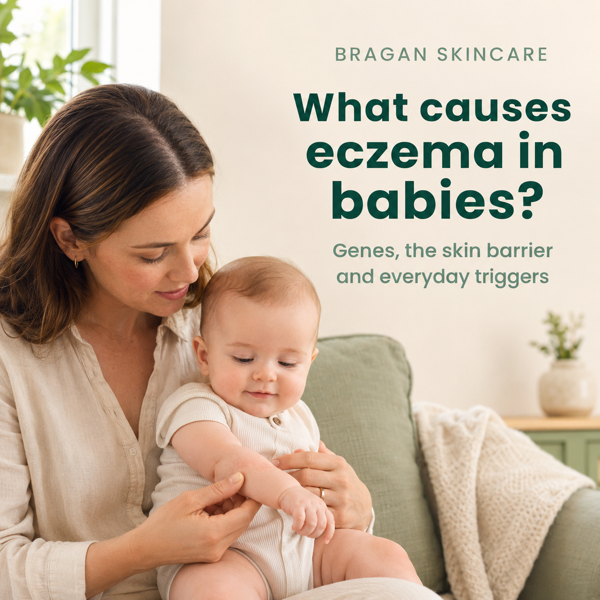 Mother gently examining dry eczema-prone skin on her baby’s arm while learning about common causes and triggers.