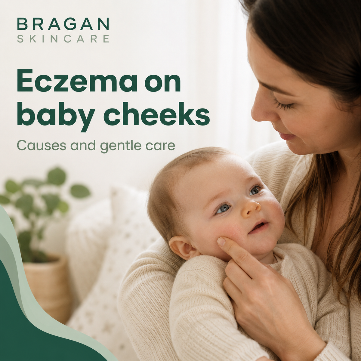 Mother gently examining mild eczema-prone skin on her baby’s cheek as part of a careful daily skincare routine.