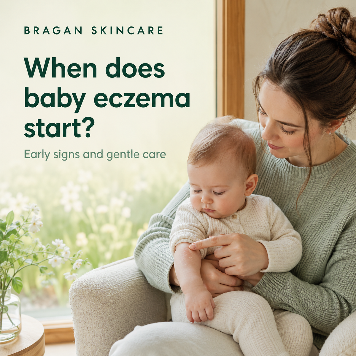 Mother gently checking an early dry patch on her baby’s arm while learning when baby eczema may first appear.