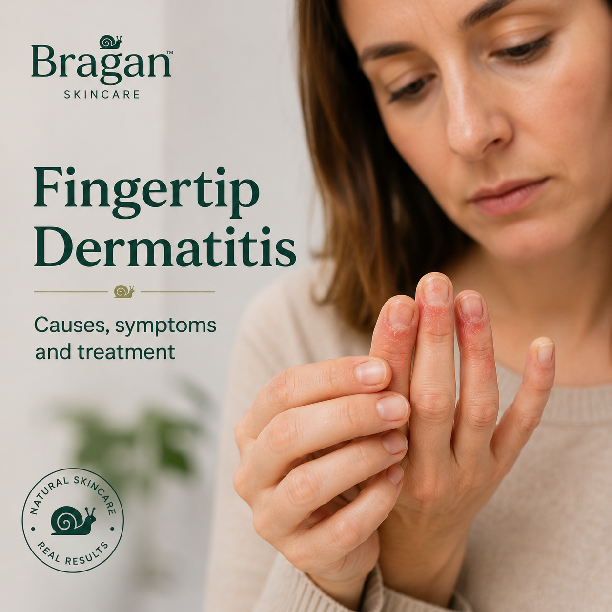 Woman examining dry, red and irritated fingertips affected by fingertip dermatitis.
