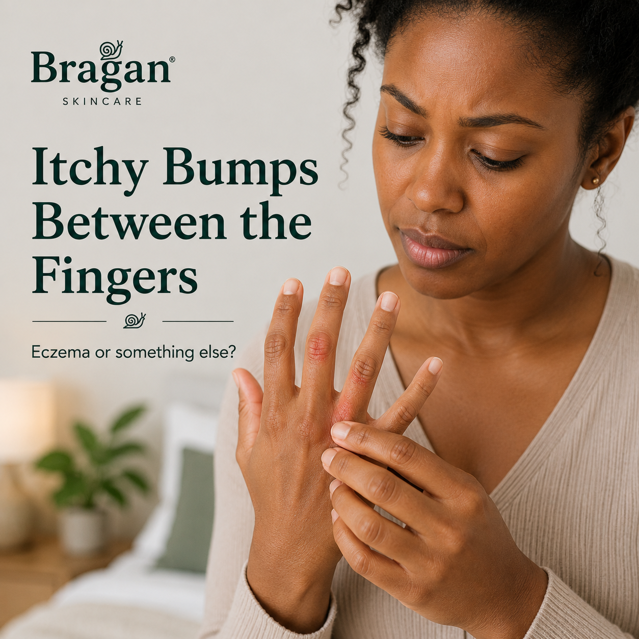 Black woman examining small, red and irritated bumps between her fingers that may be associated with eczema or another skin condition.