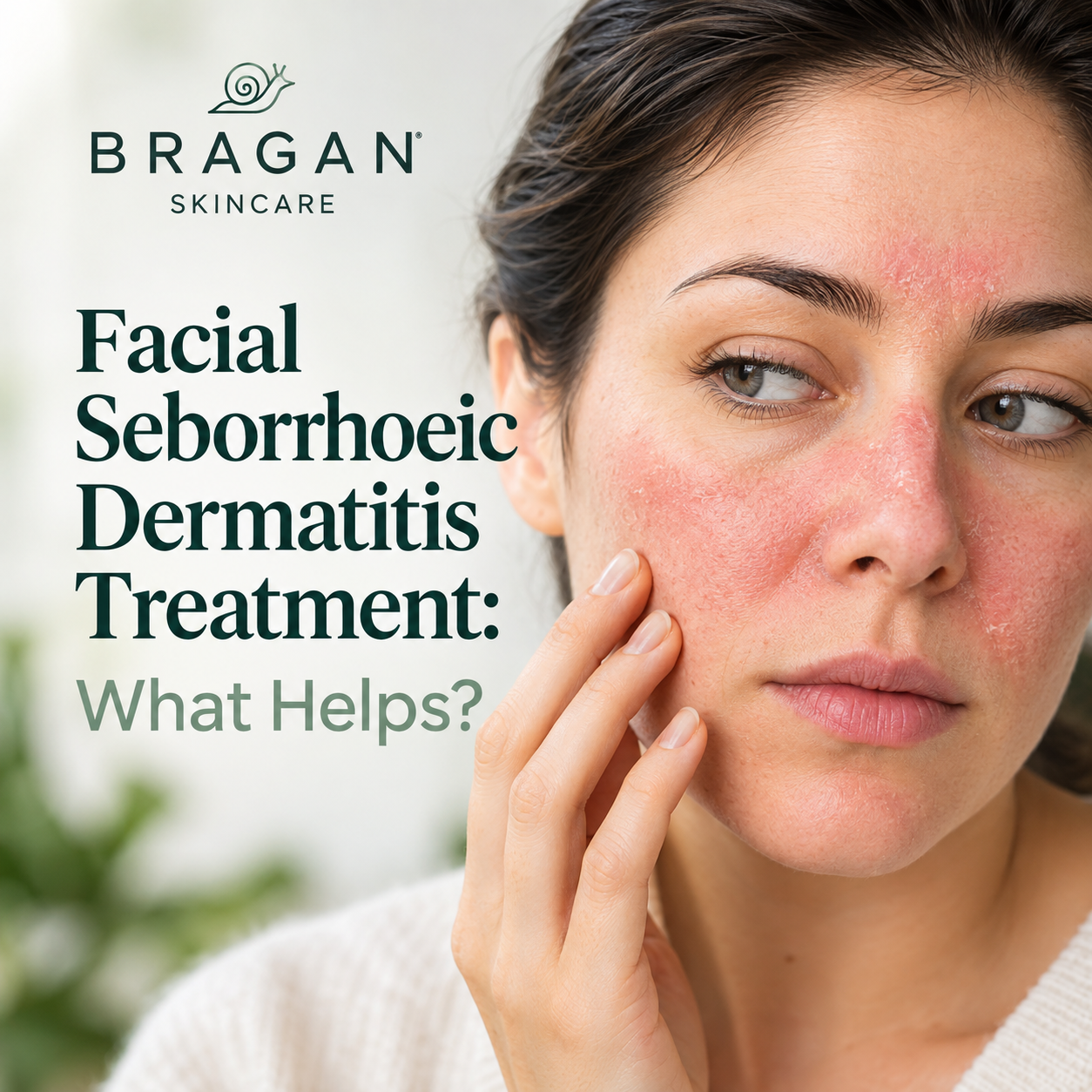 Bragan Skincare guide to facial seborrhoeic dermatitis treatment showing a woman with visible facial redness, flaking and irritated skin.