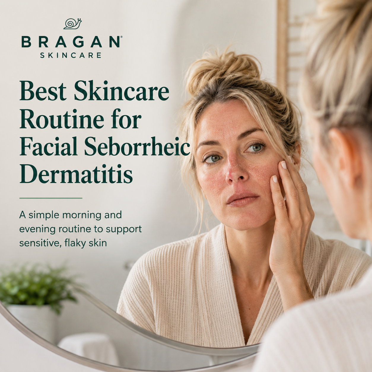 Blonde woman checking visible facial redness and flaking in the mirror as part of a skincare routine for facial seborrheic dermatitis.