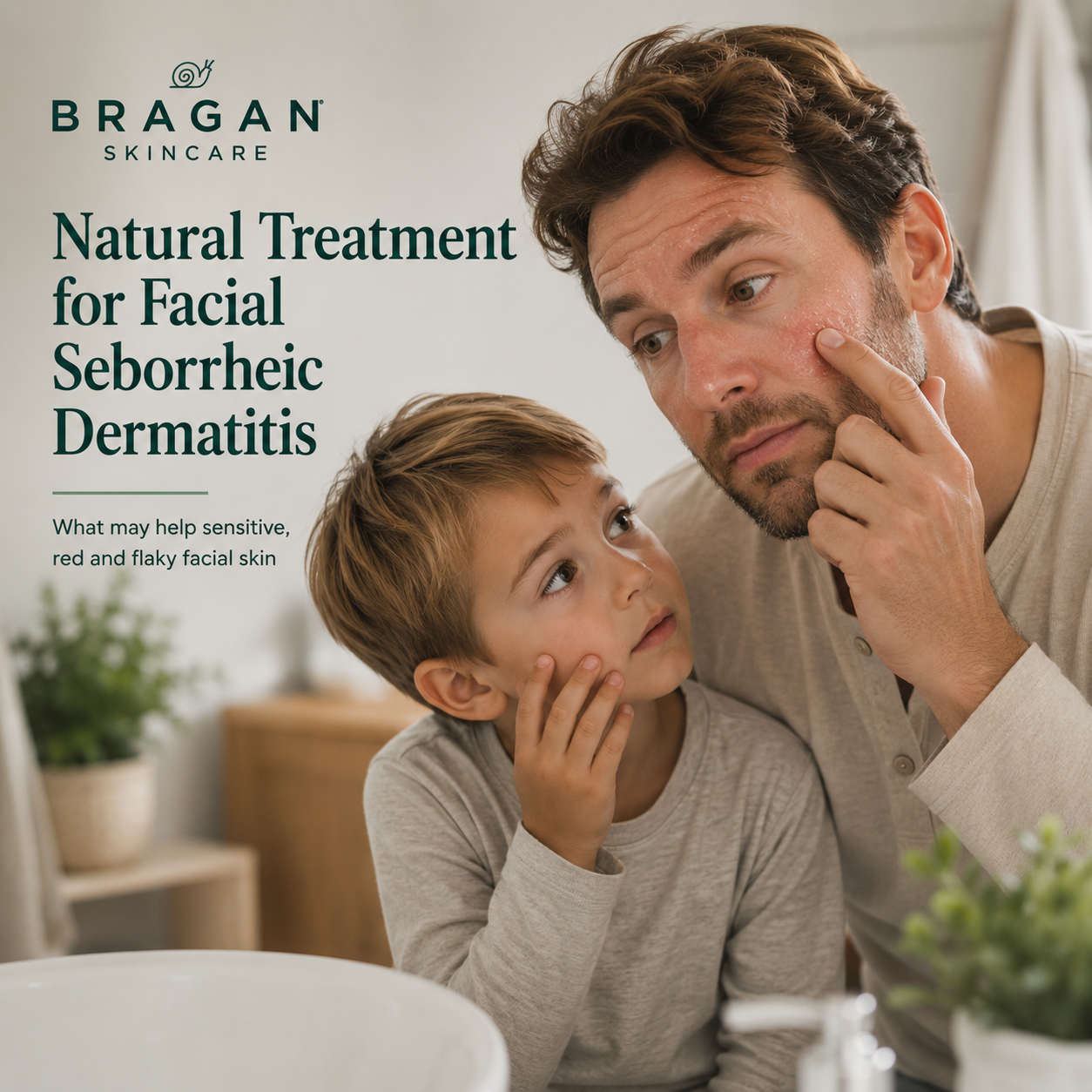 Father and child examining facial redness and flaking associated with seborrheic dermatitis as part of a gentle skincare approach.