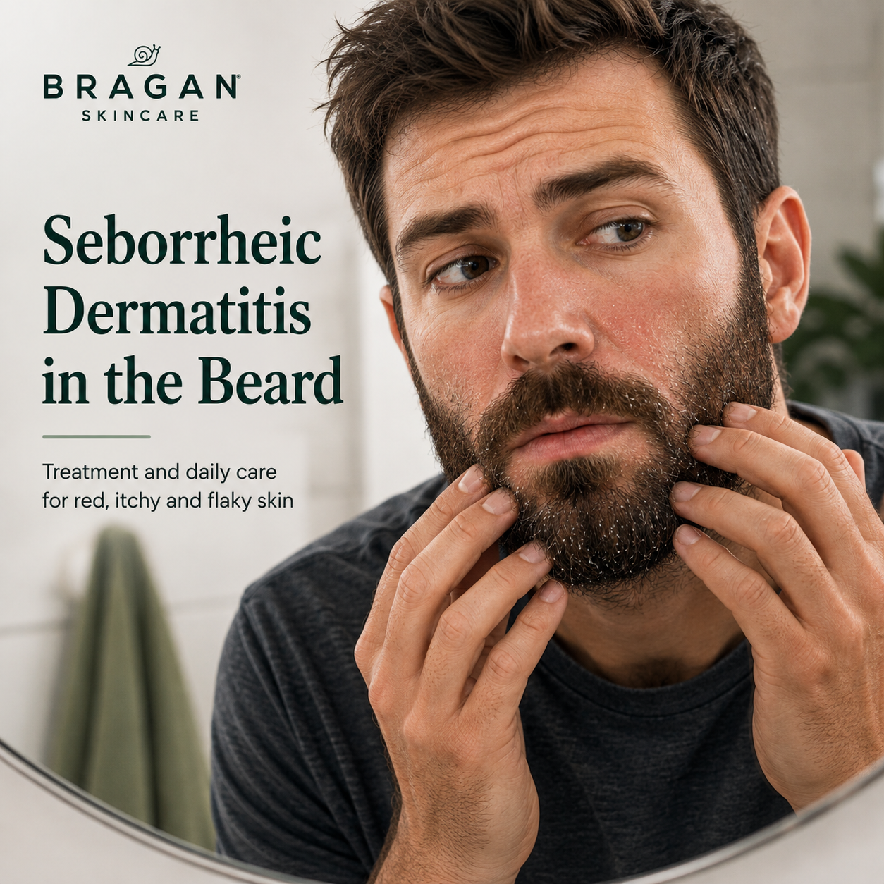Man examining visible redness and flaking beneath his beard associated with facial seborrheic dermatitis.