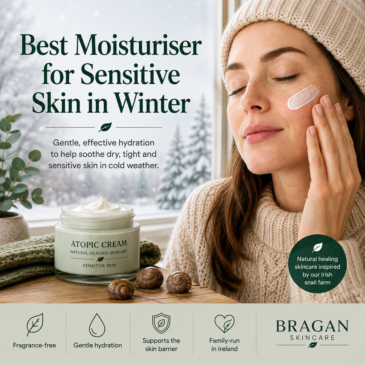 Woman applying moisturiser to sensitive skin in winter beside Bragan Atopic Cream, designed to support dry, tight and sensitive skin in cold weather.