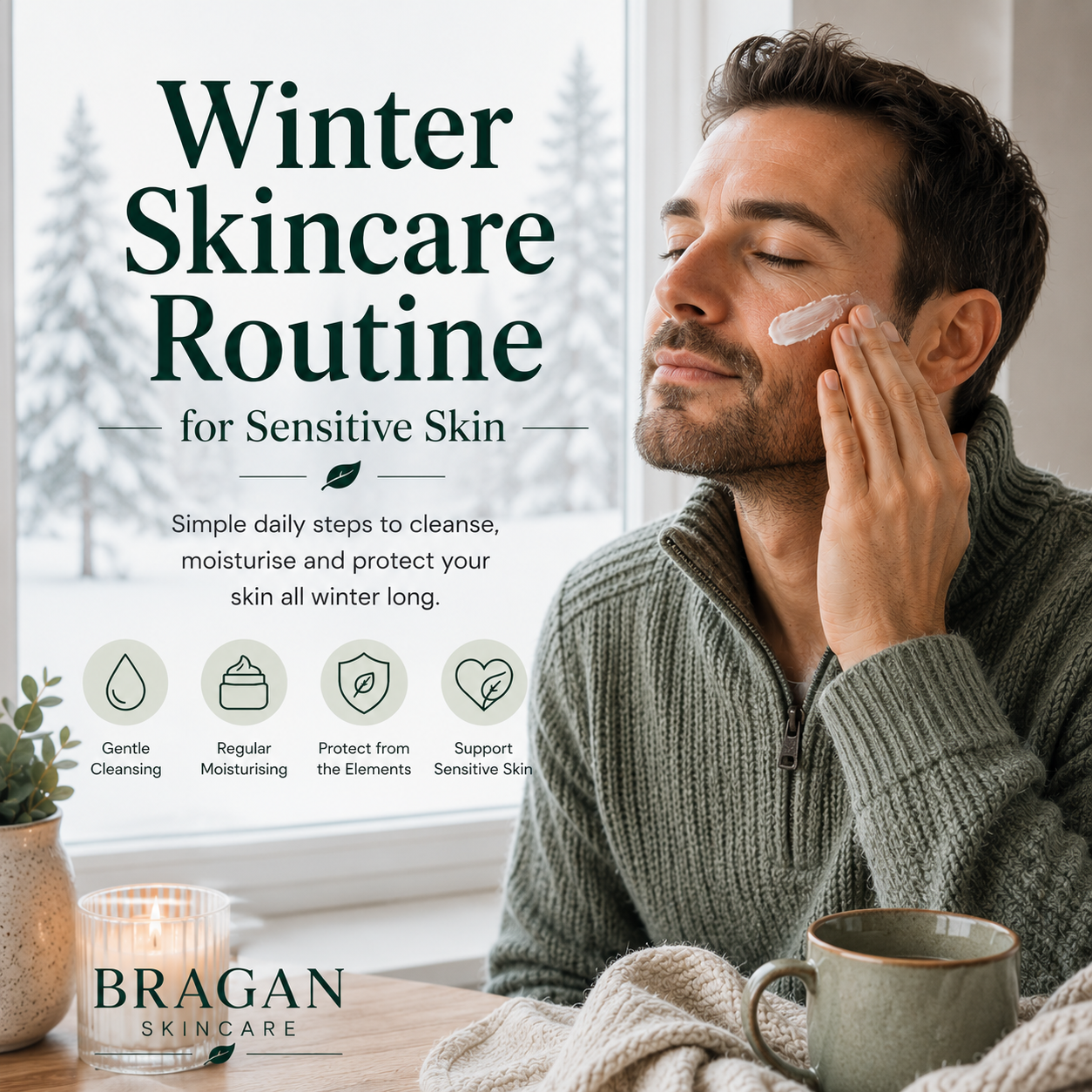 Man applying moisturiser to sensitive skin as part of a simple winter skincare routine focused on gentle cleansing, regular moisturising and protection from cold weather.