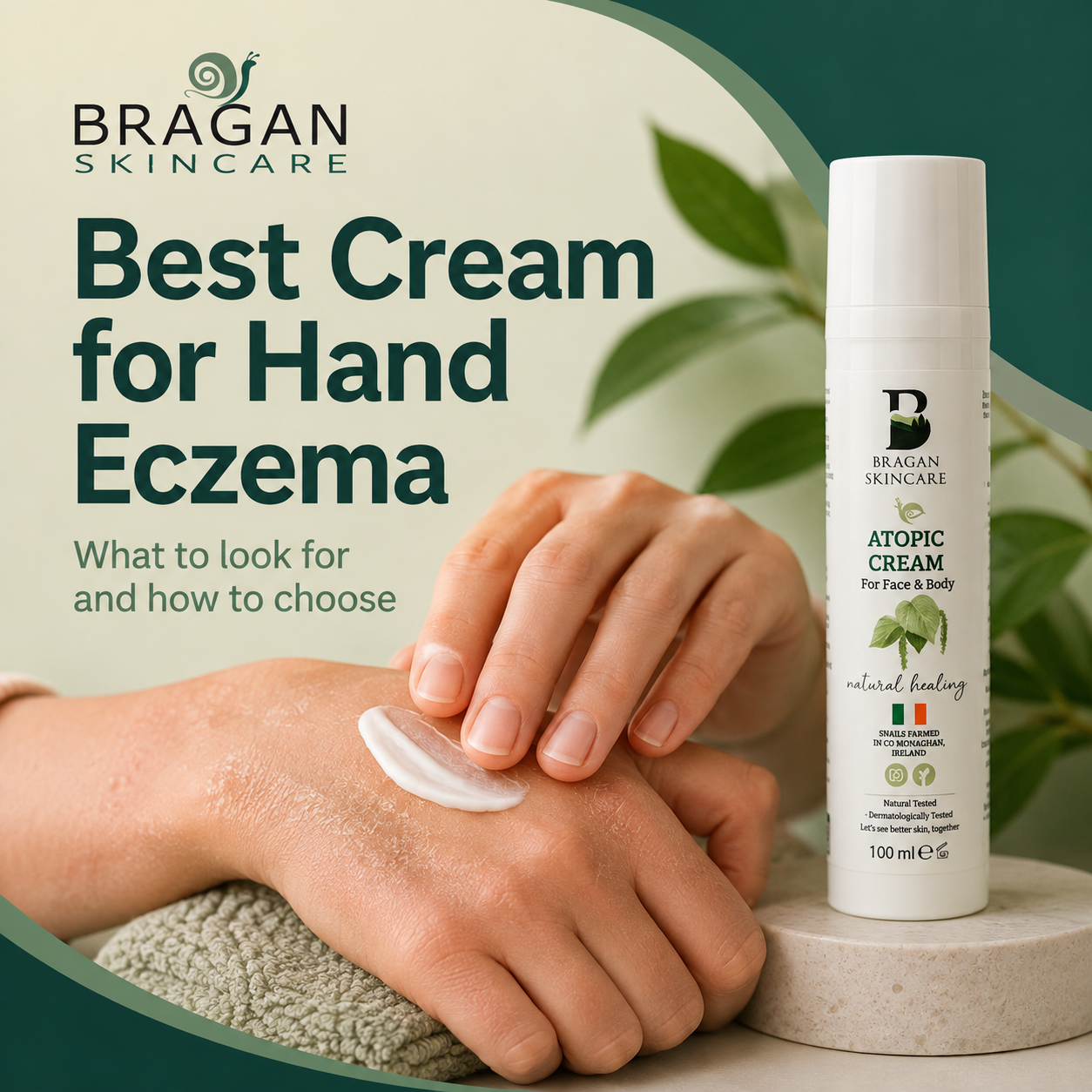 Person applying Bragan Skincare Atopic Cream to dry hands, illustrating how to choose the best cream for hand eczema and support the skin's natural barrier.