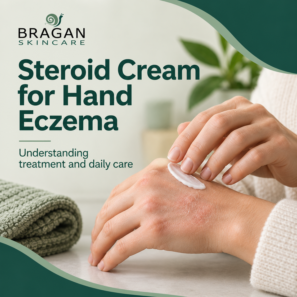 Person applying cream to hands with eczema, illustrating how steroid cream is used during hand eczema flare-ups alongside a daily skincare routine to support skin comfort.