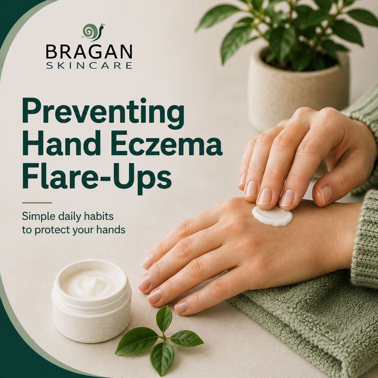 Person applying moisturiser to dry hands as part of a daily skincare routine to help prevent hand eczema flare-ups and support the skin's natural barrier.