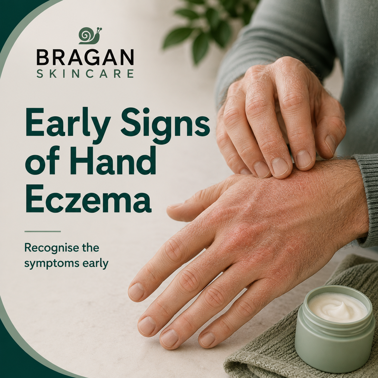 Man examining dry, red hands showing the early signs of hand eczema, including dryness, irritation and rough skin on the backs of the hands.