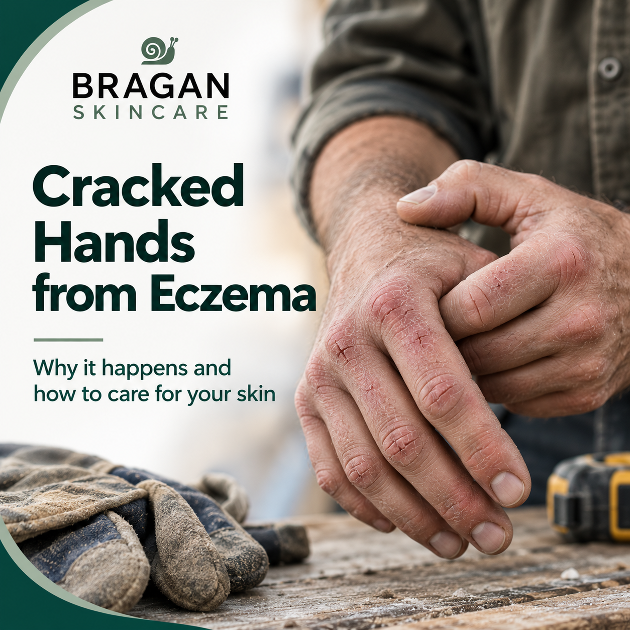Close-up of a builder's dry, cracked hands resting on a dusty work surface, illustrating severe hand eczema affecting hardworking hands exposed to frequent manual labour and harsh conditions.