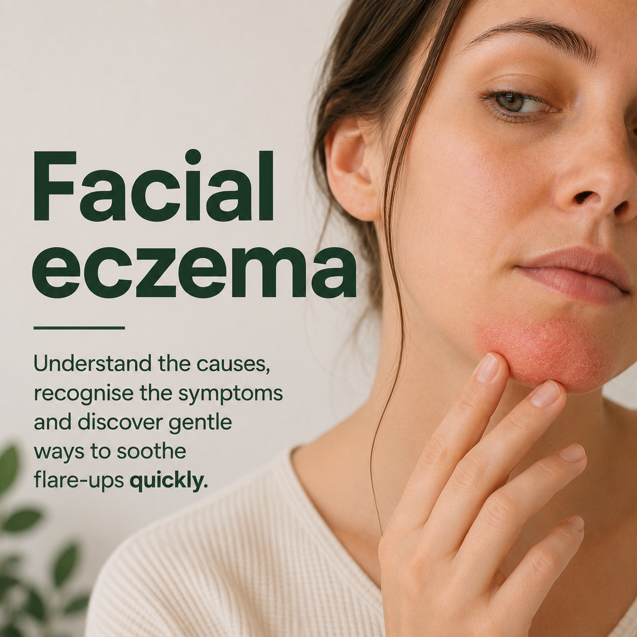 Woman with facial eczema on her chin illustrating the symptoms and treatment of facial eczema.