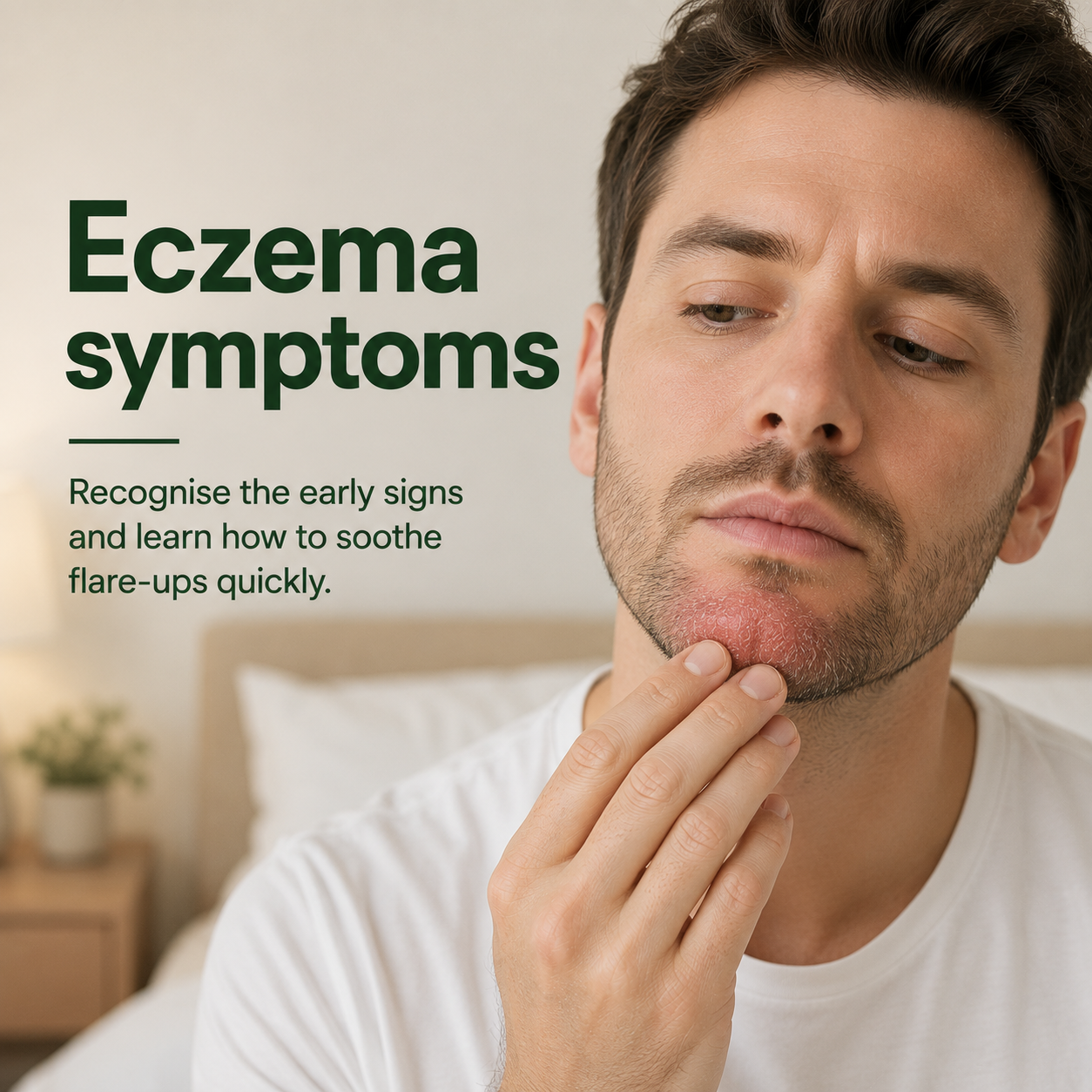 Man in a bedroom examining an eczema patch on his chin, illustrating the early symptoms of eczema and the signs of a flare-up.