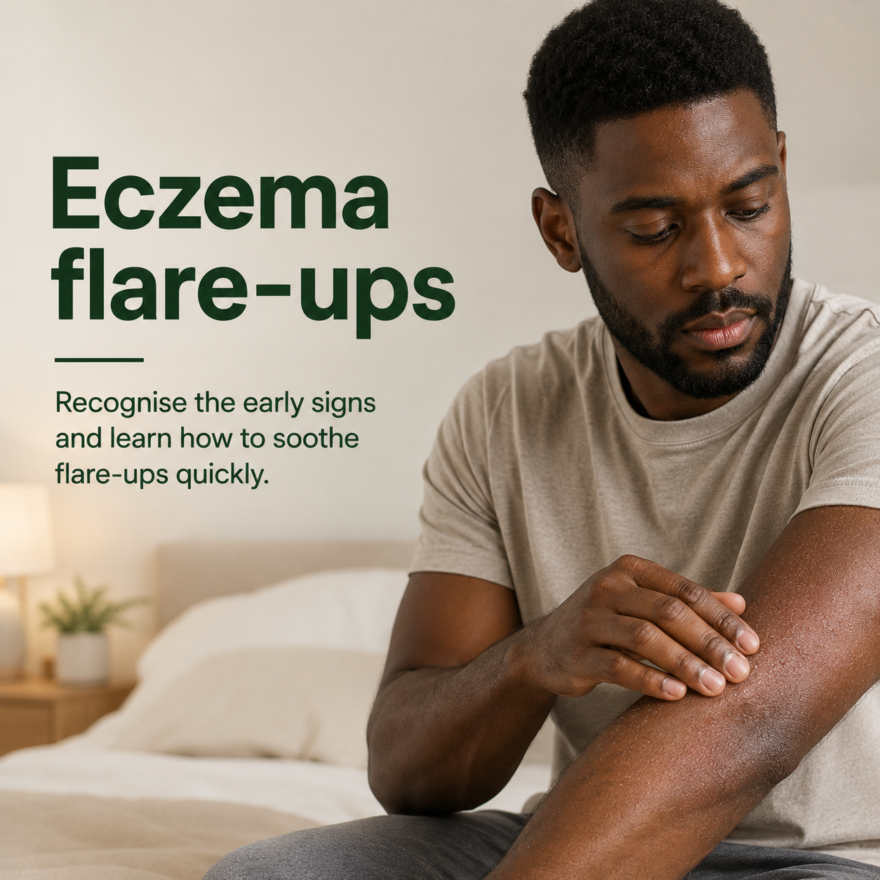 Black man examining an eczema flare-up on his forearm in a bedroom, illustrating the early signs and symptoms of an eczema flare-up.
