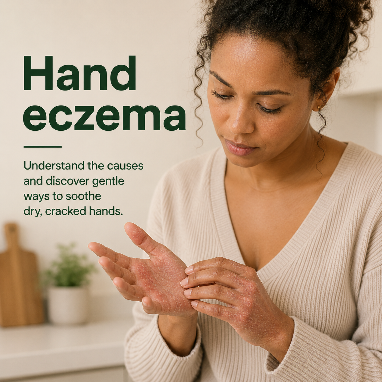 Woman examining dry, cracked hand eczema on her palm, illustrating the common symptoms of hand eczema and damage to the skin barrier.