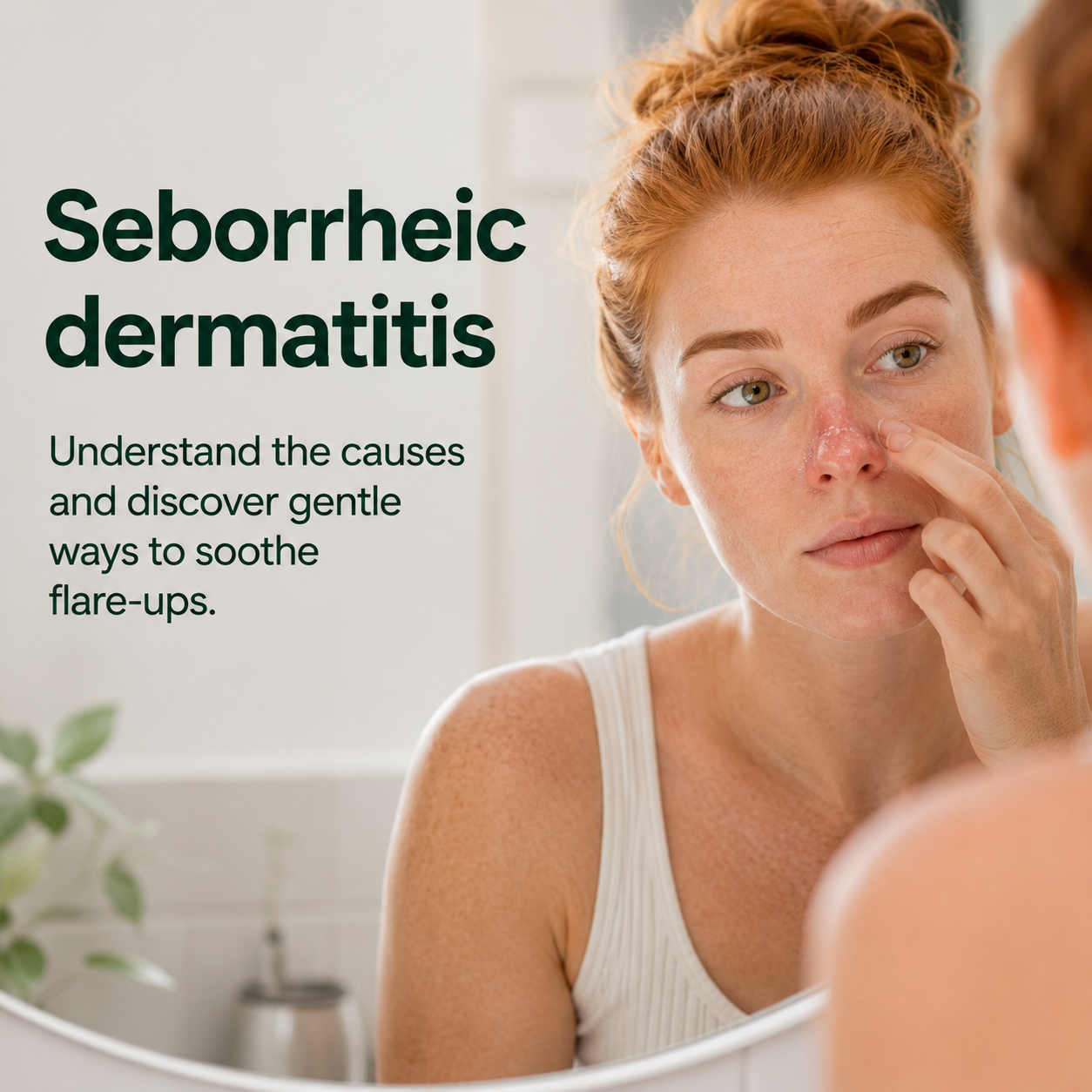 Ginger-haired woman examining seborrheic dermatitis around her nose in a bathroom mirror, showing the common facial symptoms of seborrheic dermatitis.