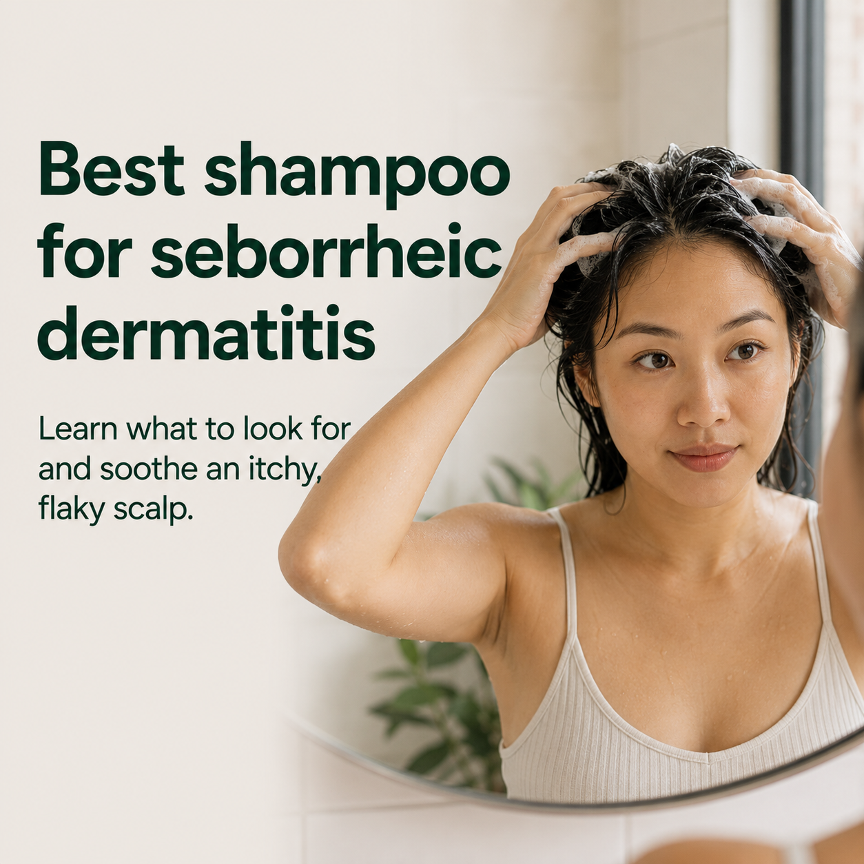 Asian woman washing her hair to manage seborrheic dermatitis, illustrating gentle scalp care for an itchy, flaky scalp.