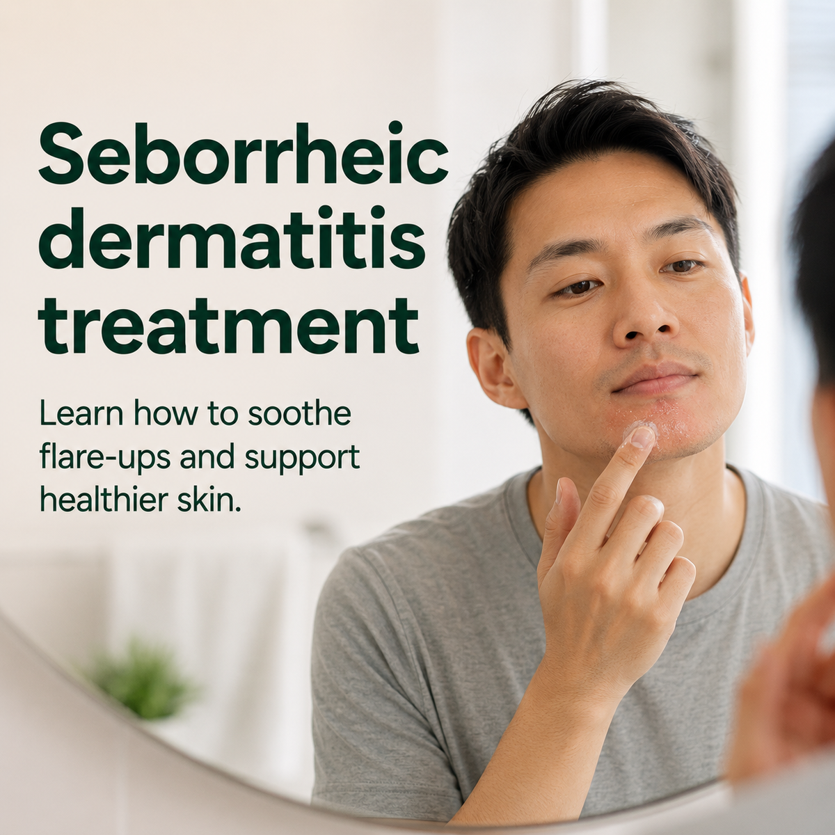 Man applying moisturiser to mild seborrheic dermatitis on his chin while looking in a bathroom mirror, illustrating gentle treatment for facial seborrheic dermatitis.