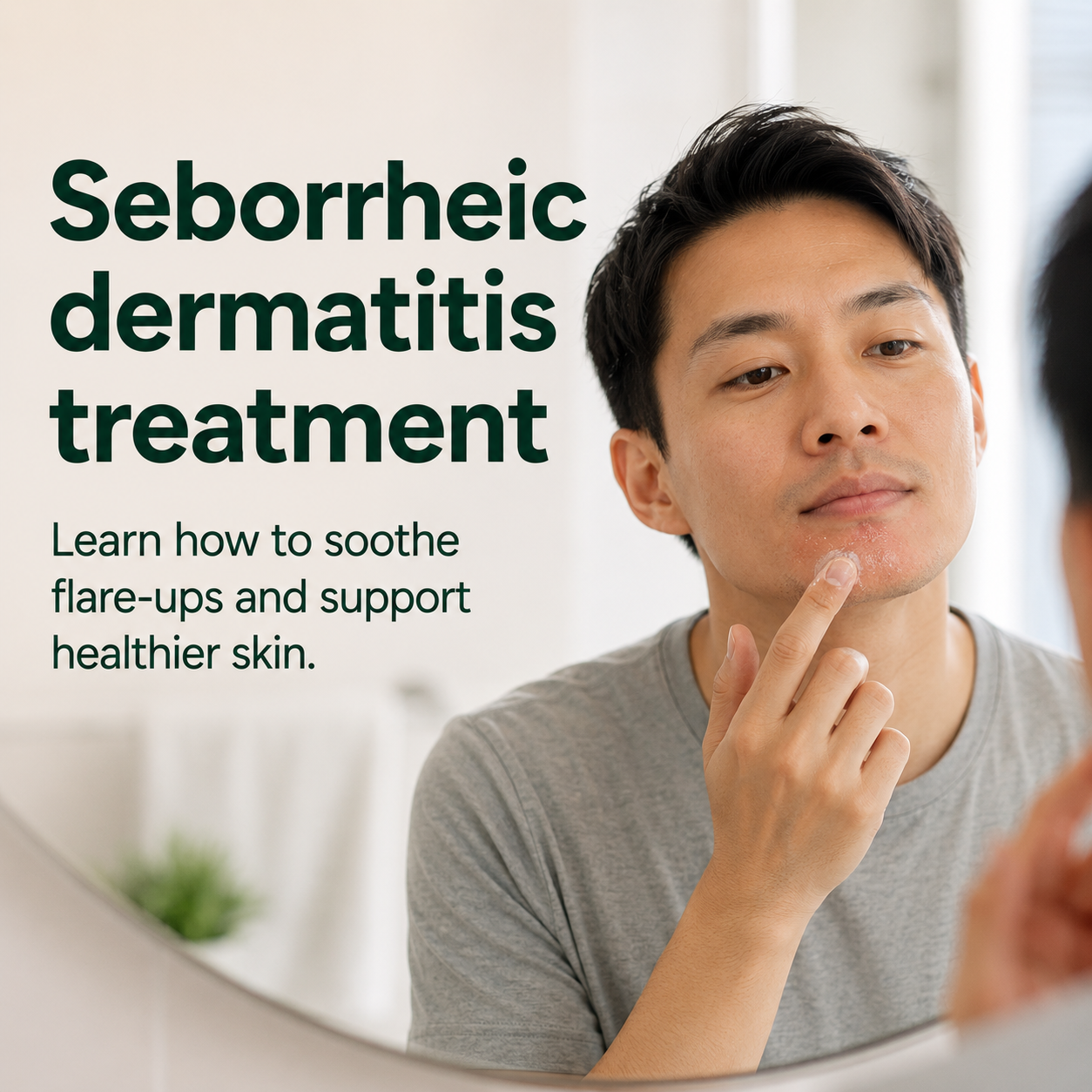 Man applying moisturiser to mild seborrheic dermatitis on his chin while looking in a bathroom mirror, illustrating gentle treatment for facial seborrheic dermatitis.