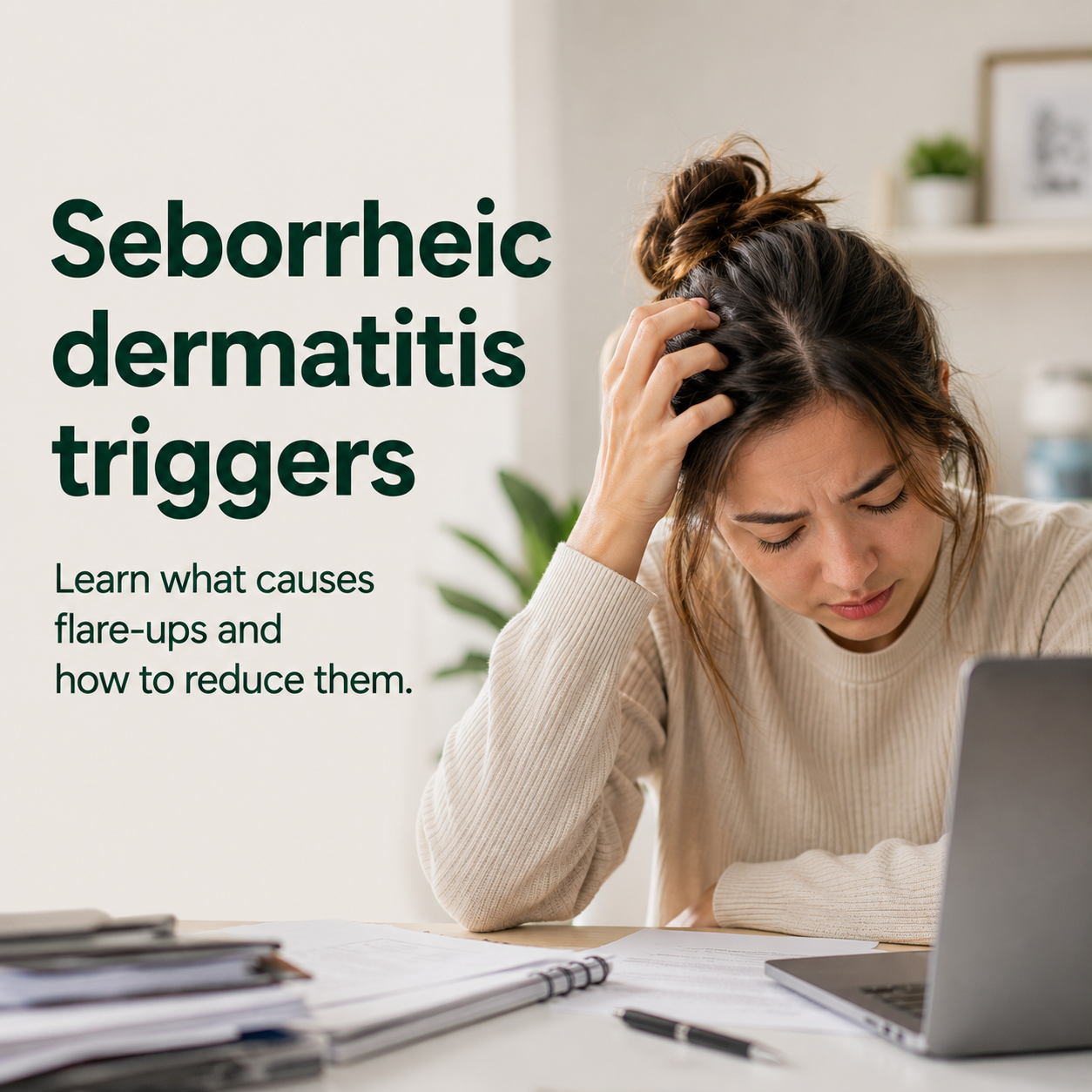 Woman scratching an itchy scalp after a stressful day at work, illustrating a common trigger for seborrheic dermatitis flare-ups.