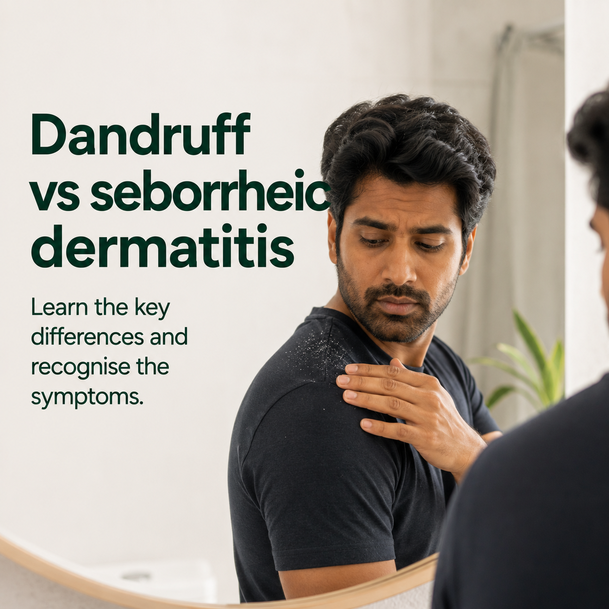 Indian man brushing small white dandruff flakes from the shoulder of a dark T-shirt while looking in a bathroom mirror, illustrating the early signs of dandruff.