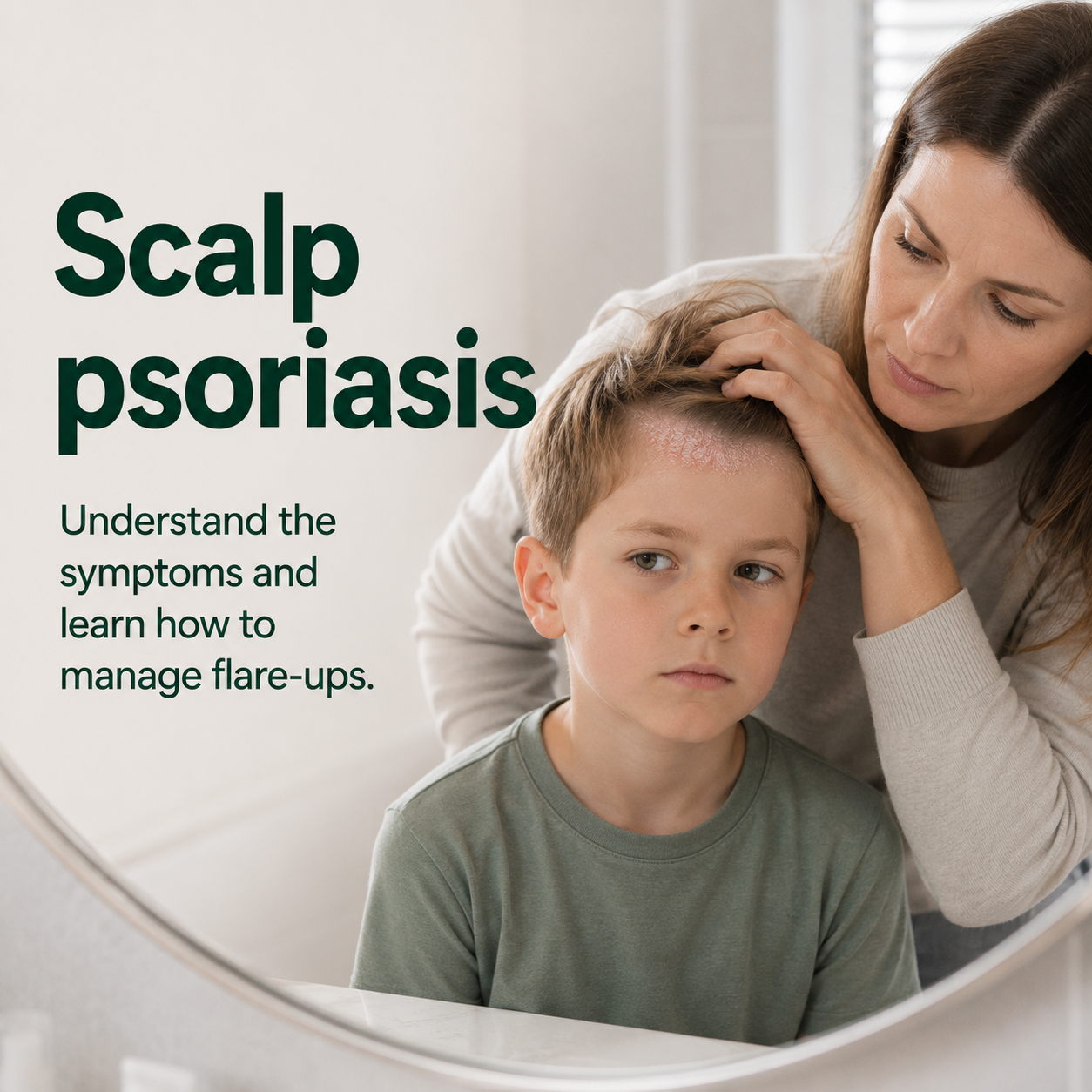 A mother examining a patch of scalp psoriasis along son's hairline in a bathroom mirror, showing the typical symptoms of scalp psoriasis.