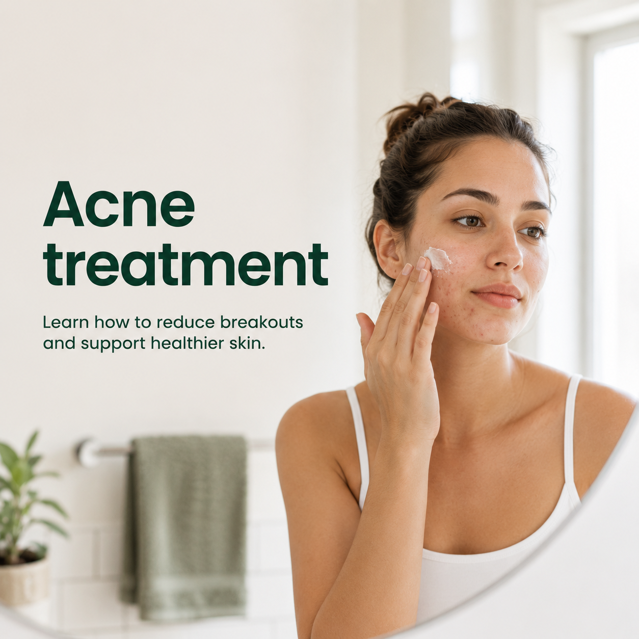 Woman applying moisturiser to acne-prone skin in a bathroom mirror, illustrating a gentle daily skincare routine for acne treatment.