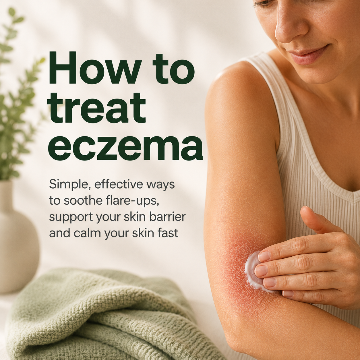 Person applying cream to eczema on the inner elbow as part of a daily routine to soothe flare-ups and support the skin barrier.