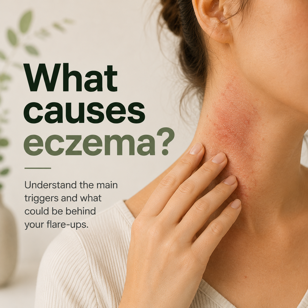 Person with eczema on the neck highlighting common eczema triggers and causes in an educational skincare guide.