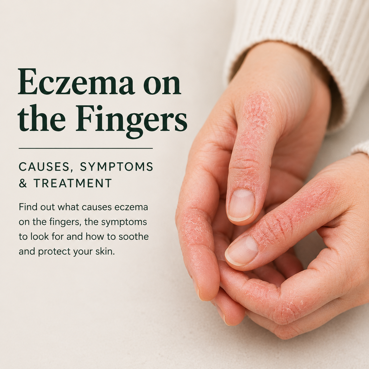 Close-up of dry, cracked fingers affected by eczema with redness and flaking around the knuckles and fingertips.