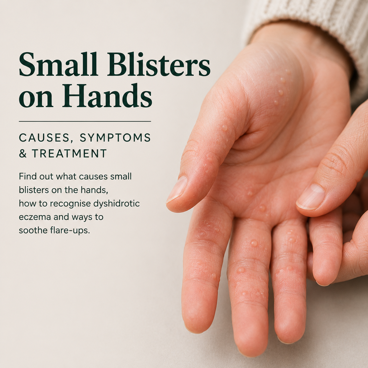 Close-up of small fluid-filled blisters on the fingers and palm, showing symptoms commonly associated with dyshidrotic eczema on the hands.