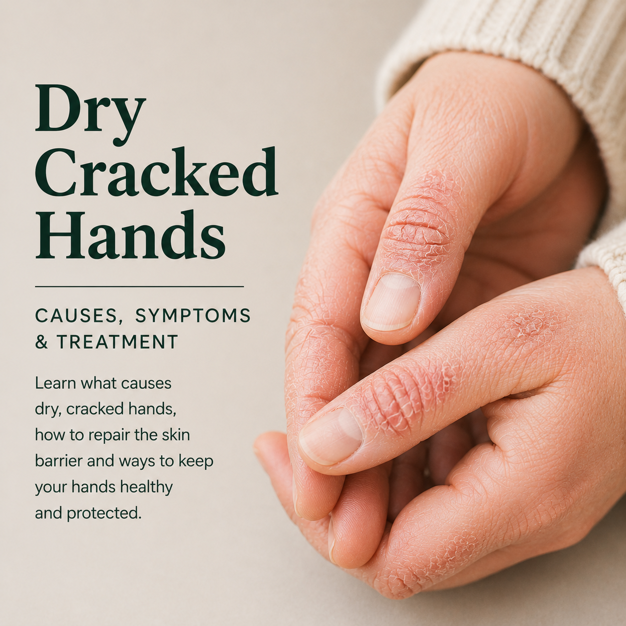 Close-up of dry, cracked hands with redness around the knuckles and fingertips showing common symptoms of hand eczema and a damaged skin barrier.