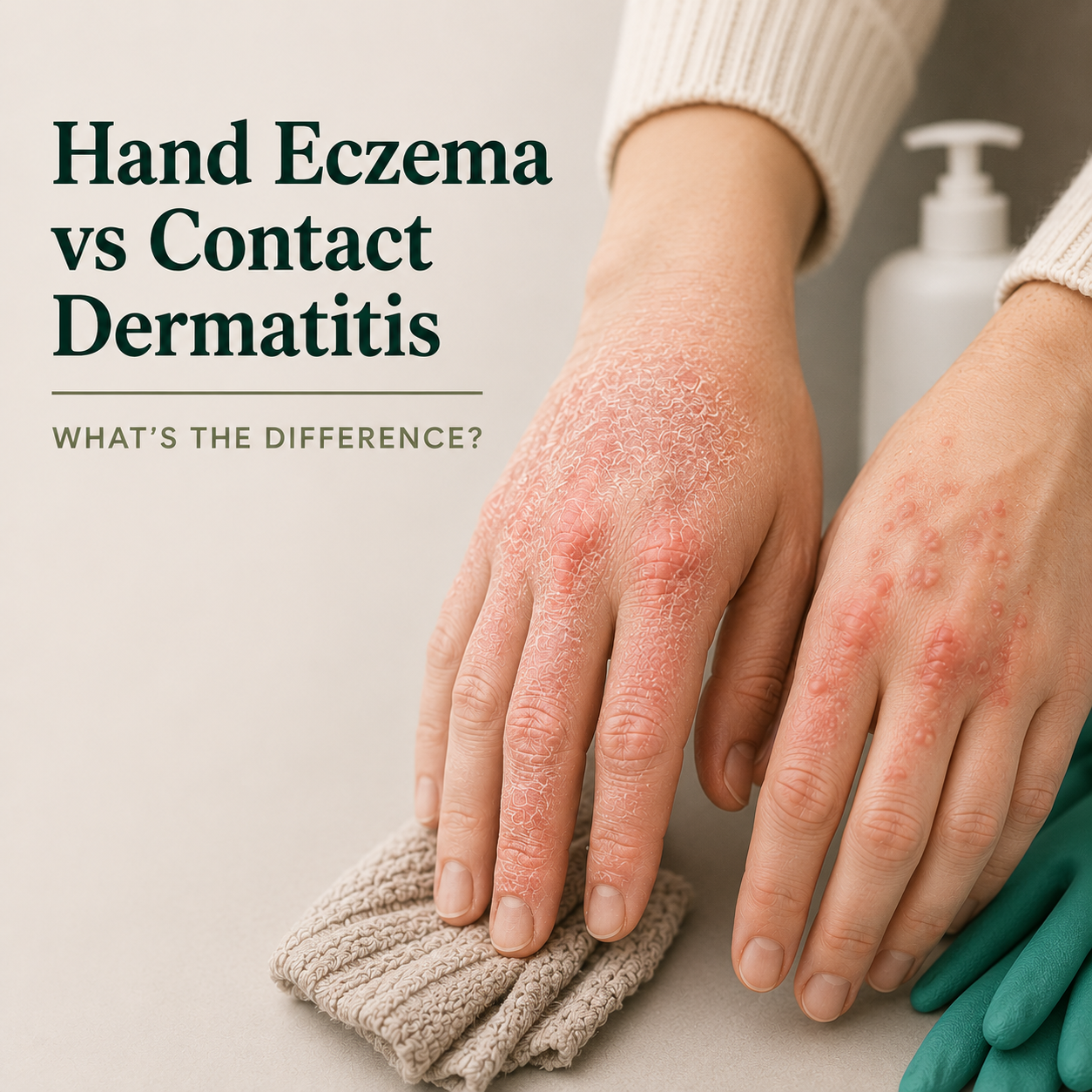 Close-up comparing hand eczema and contact dermatitis, showing dry, cracked skin alongside an inflamed contact dermatitis rash.