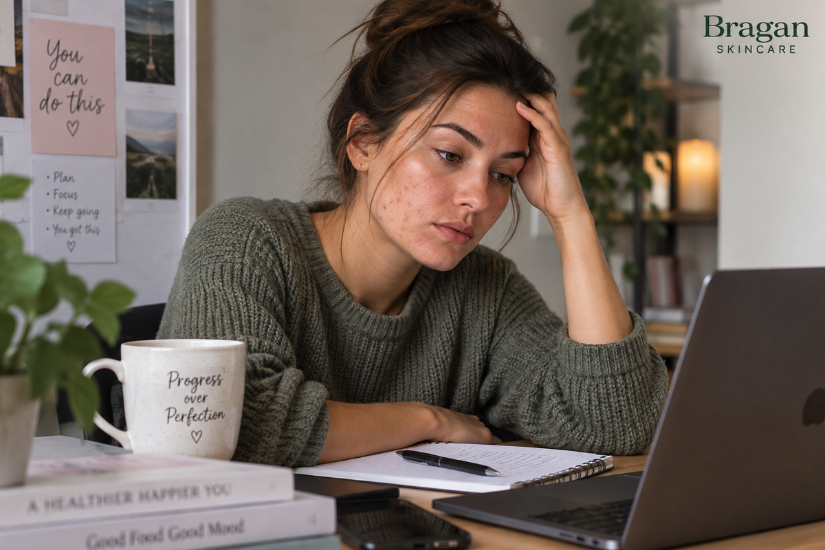 Person experiencing a stressful day while managing acne-prone skin.