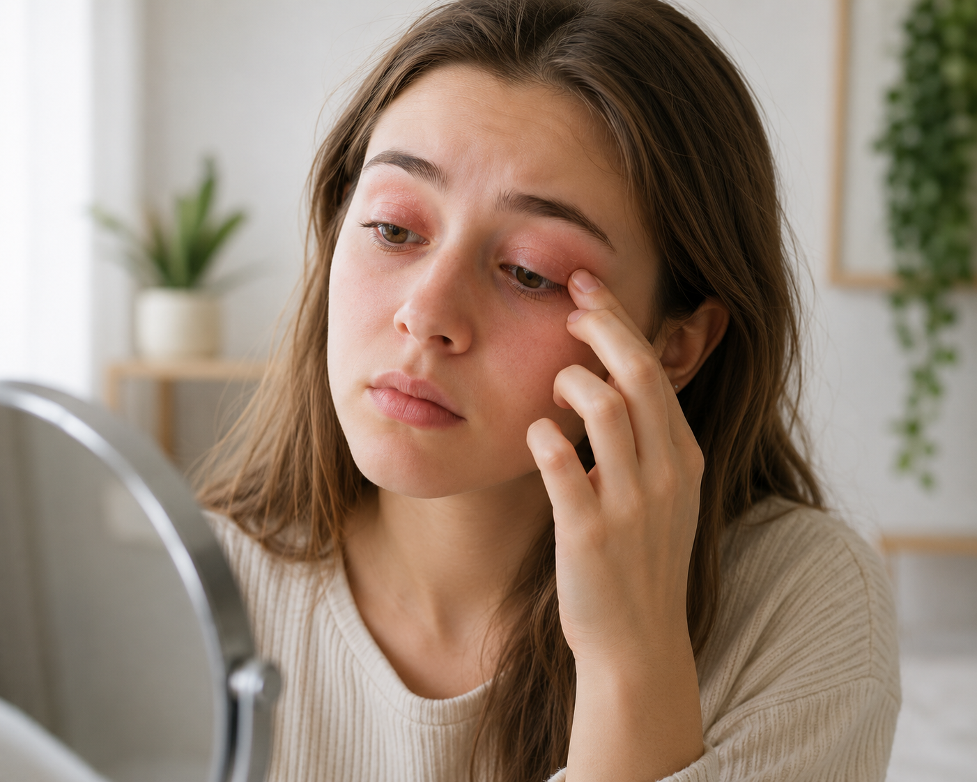 A young woman gently examines the dry, irritated skin around her eyelid while looking into a mirror, illustrating the redness, dryness, and discomfort commonly associated with dry eyelids.