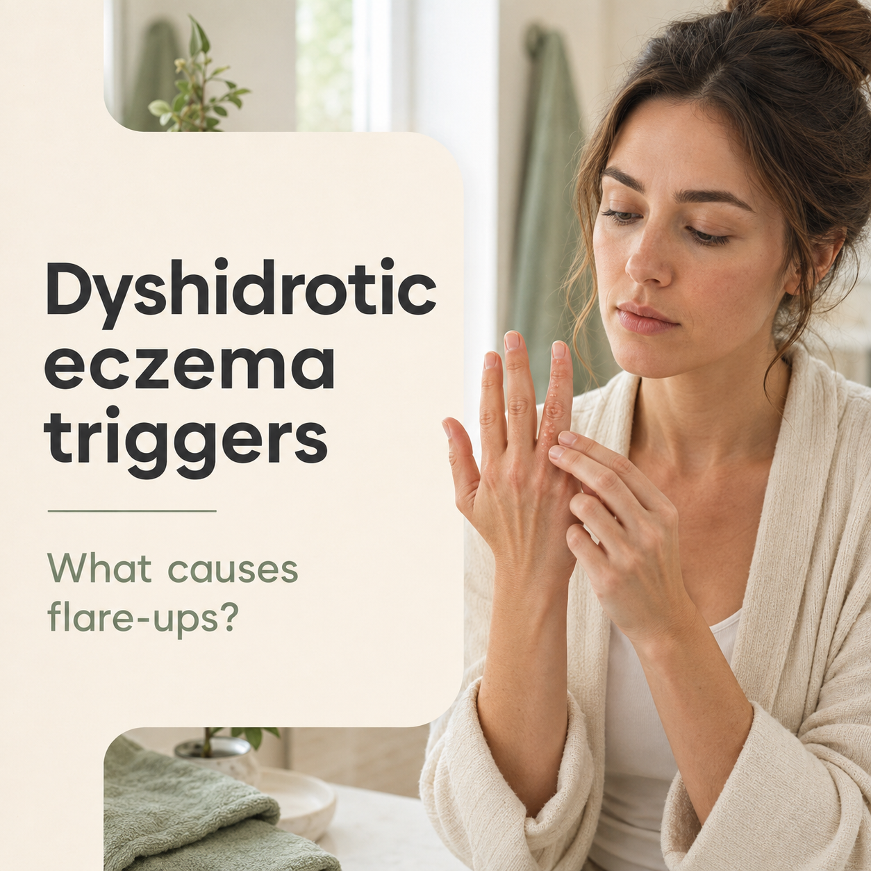 Woman examining dyshidrotic eczema blisters while considering possible flare-up triggers.